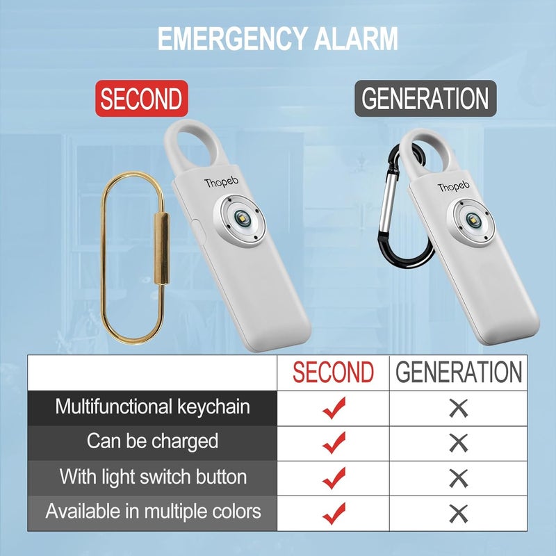 Thopeb – Personal Safety Alarm for Women–135dB Siren, Strobe Light and Rechargeable - Safety Alarm Keychain for Women (Metallic Silver) - Image 3